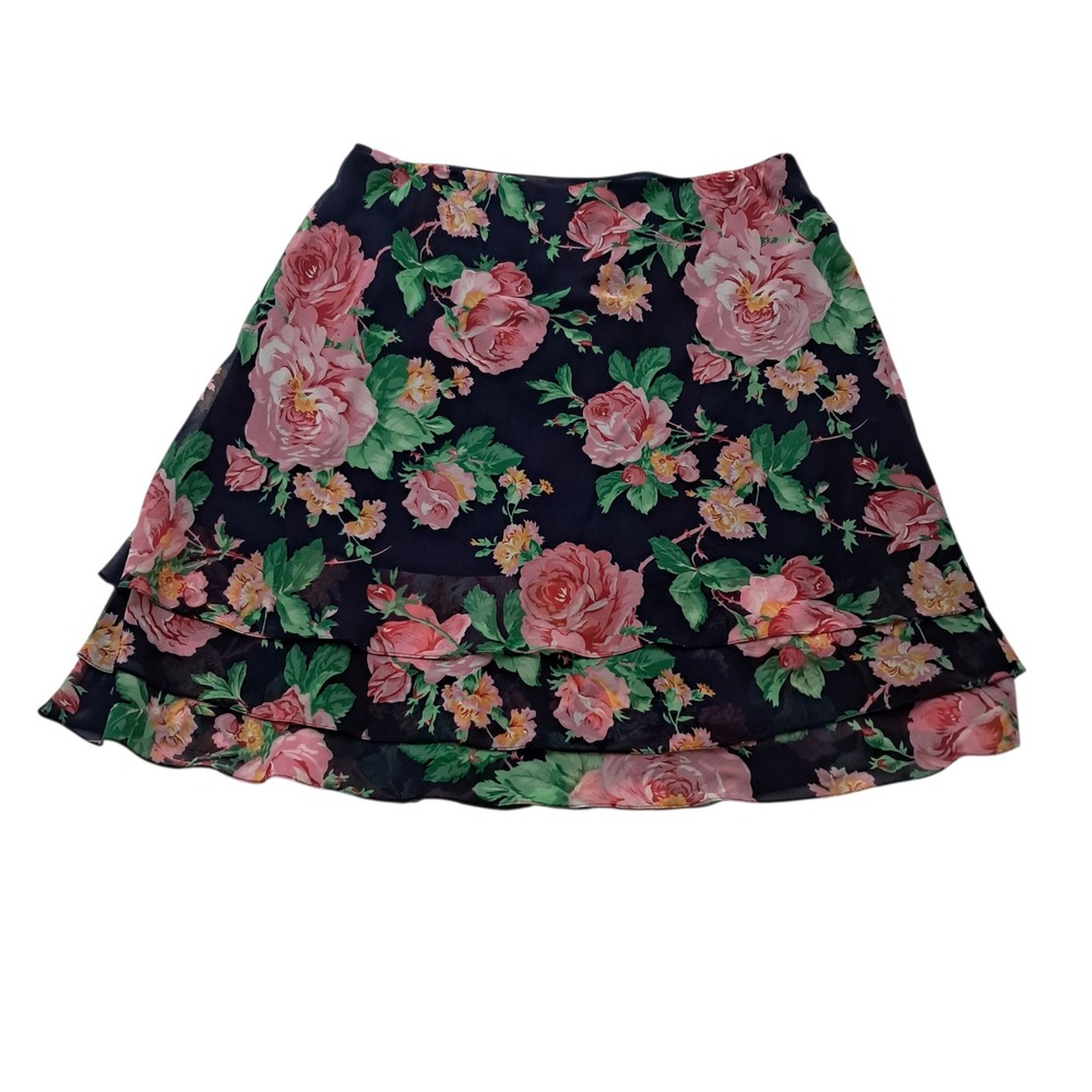 Lauren Ralph Lauren Silk Skirt Womens 12 Navy Floral Ruffle Cottagecore Romantic